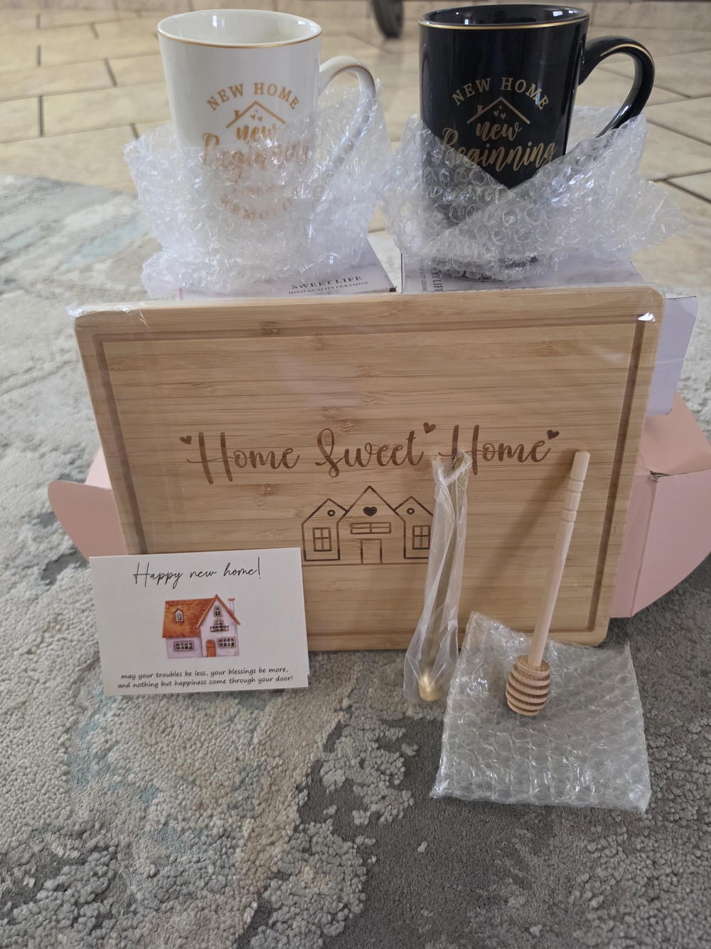 New Home 'Home Sweet Home' Bamboo Cutting Board Gift Set with White & Black Mugs